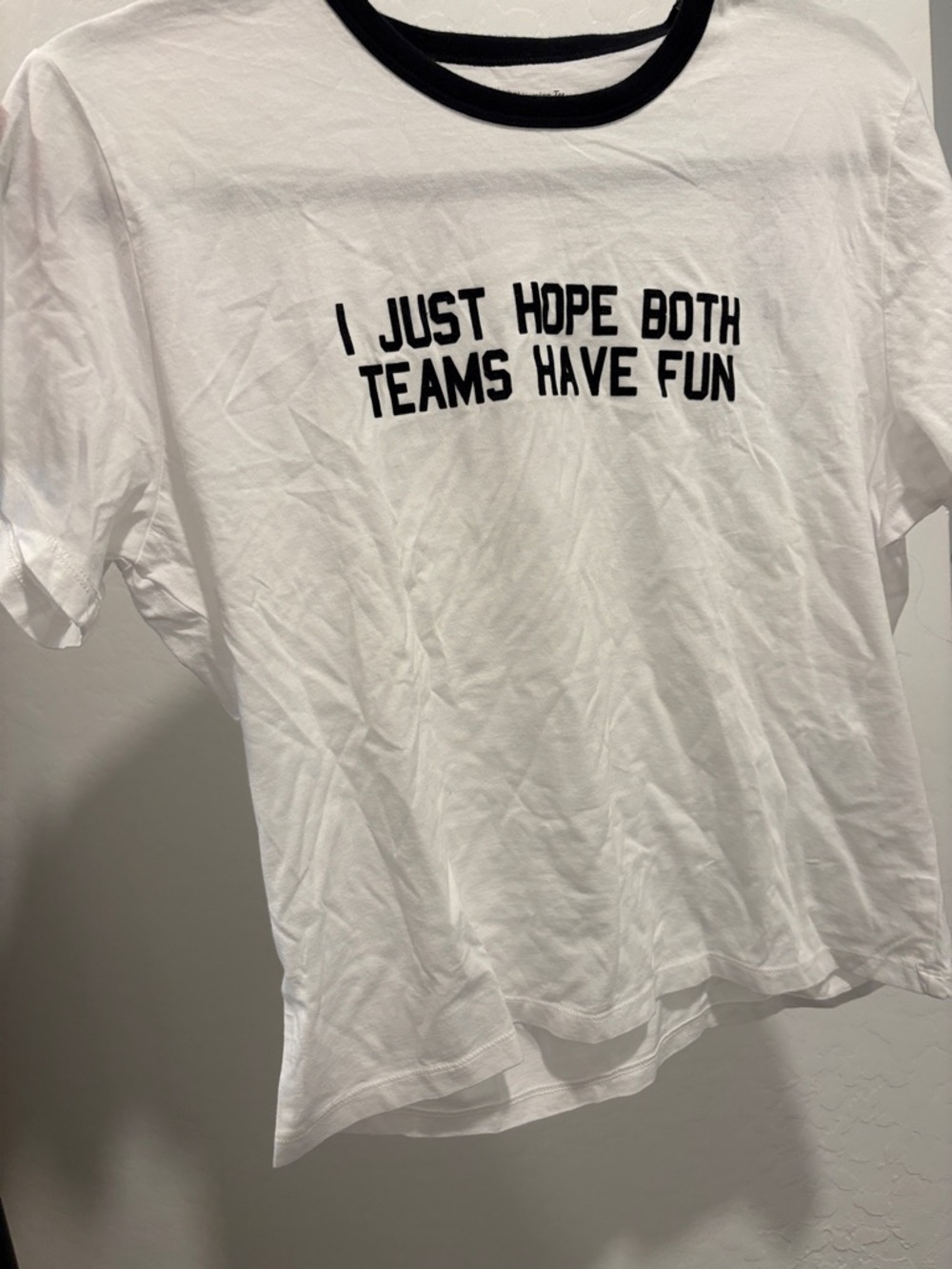 Abercrombie & Fitch - White Ringer Tee with - "I JUST HOPE BOTH TEAMS HAVE FUN"